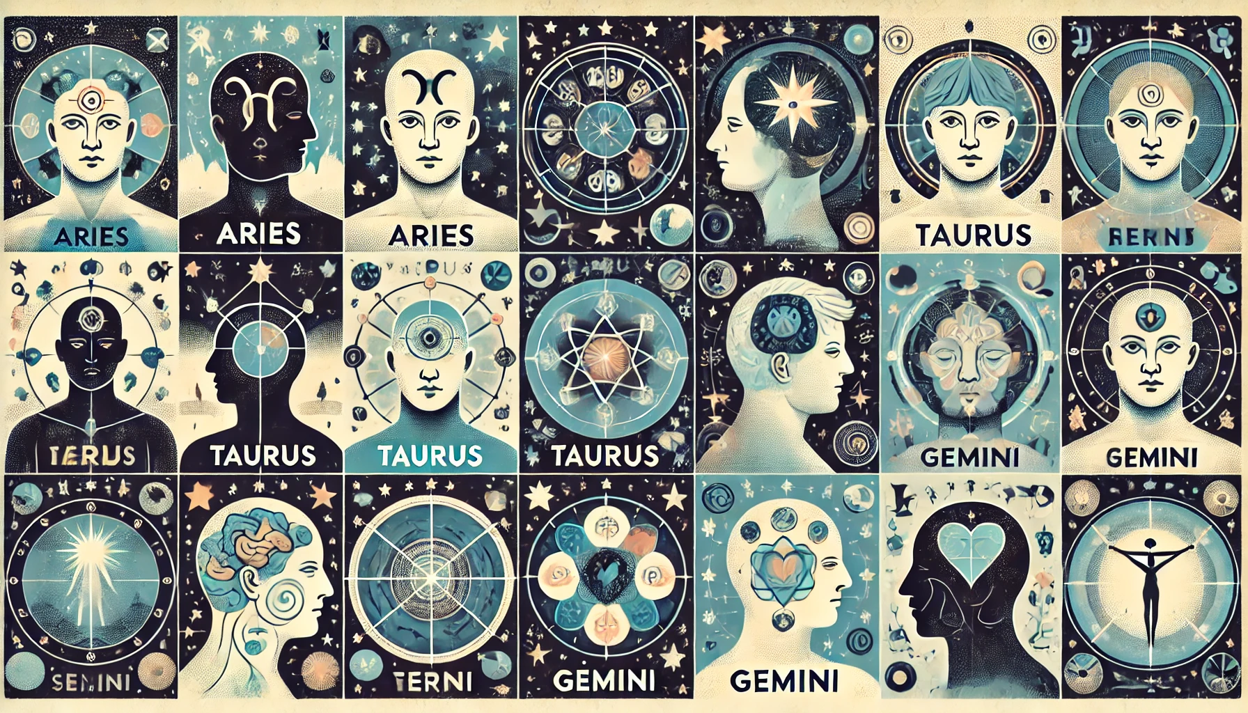 Ілюстрація відображає знаки зодіаку як психологічні архетипи, підкреслюючи унікальні риси кожного знака в контексті самопізнання. Вона створює гармонійний і мрійливий образ, що символізує зв’язок астрології з психологією.